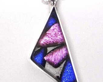 Blue and pink triangular dichroic glass pendant  with sterling silver surround