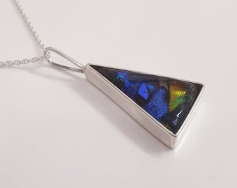 triangular dichroic glass pendant  with sterling silver surround.