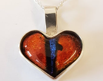 When two hearts become one. 925 silver surround heart dichroic glass pendant