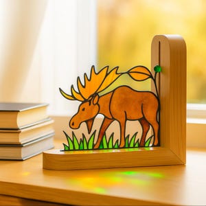 Handmade Stained Glass Elk Bookends: Custom Corner Suncatcher, Oak Base