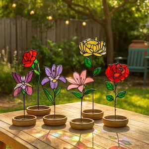 Personalized Birth Month Stained Glass Flower Plant Stake: Handmade Home Decor