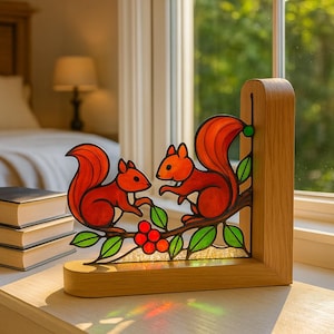 Stained Glass Squirrel Bookends: Handmade Suncatcher, Oak Base