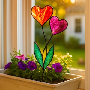Stained Glass Heart Flower Plant Stake: Whimsical Home & Garden Decor