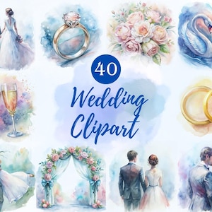 40 Wedding Clipart Bundle, Watercolor Wedding PNG, Wedding Invitation illustrations Pack, Bride and Groom with Wedding Decoration