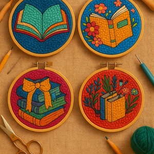 May include: Four embroidered hoops with book motifs. Each hoop has a wooden frame and a fabric backdrop. The books are shown in different styles, with open pages, floral details, and stacked designs. The colour scheme includes blue, orange, green, and red.