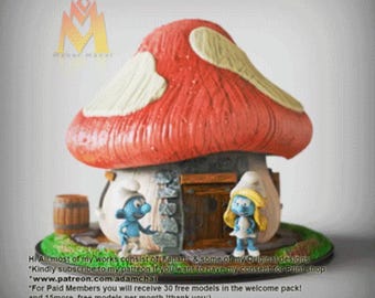Diorama van het paddenstoelenhuis van de smurfen van The Smurfs Hoge kwaliteit 12K hars gedrukt, geverfd of ongeschilderd tv-figuur, klassiek verzamelobject