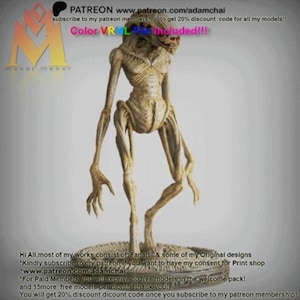 May include: A beige 3D-printed alien figure with a detailed, slender humanoid form. The figure has a textured surface, elongated limbs, and a detailed head. The figure is standing on a circular base. Text on the image includes "PATREON" and a website address.