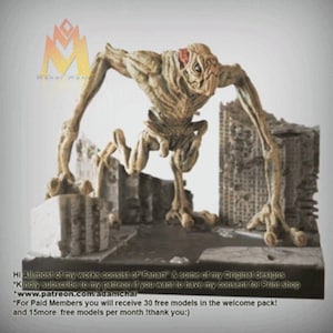 May include: A beige monster figurine with long limbs and a menacing pose, set against a backdrop of ruined buildings. The figure has a textured surface and a red area on its head. The base includes text about the artist's work and Patreon.