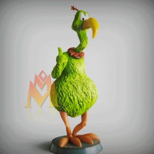 May include: A quirky green bird ornament with a yellow beak and orange feet. The bird features a textured body and a small red collar. It stands on a small, round, dark green base. The ornament has a cartoonish design.