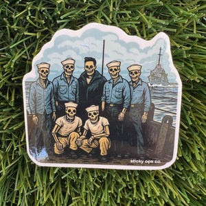 May include: A sticker featuring a group of skeleton sailors on a boat, with a ship in the background. The skeletons wear sailor hats and uniforms. The sticker has a white border and the text "sticky ops co."