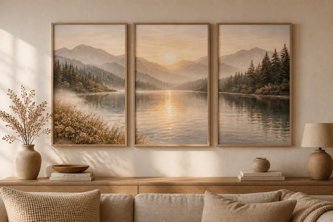 Misty Lake Wall Art Set of 3, Neutral Landscape Prints, Soft Vintage ...