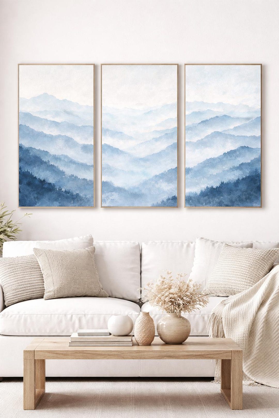 Misty Blue Mountain Wall Art Set of 3, Abstract Mountain Landscape ...