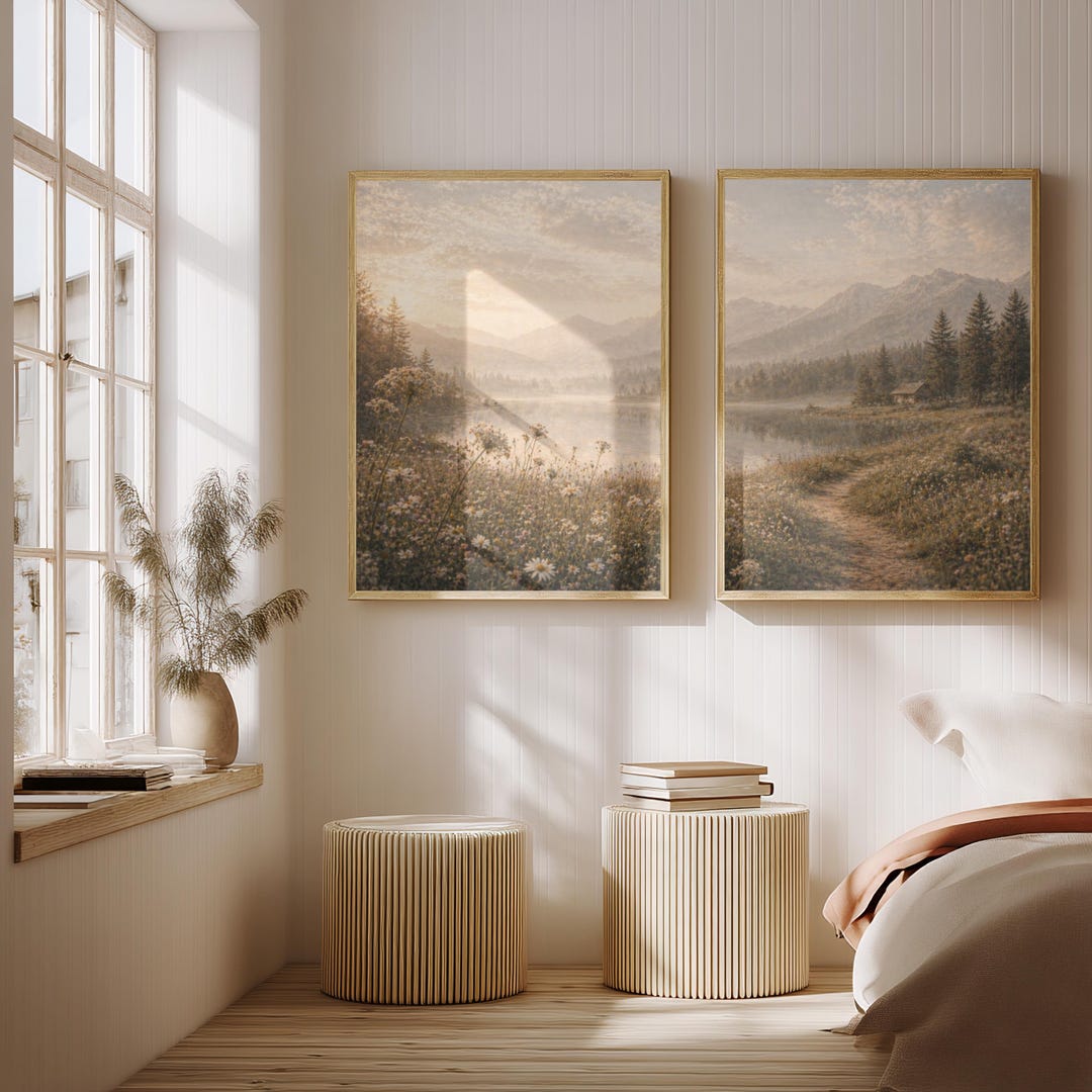 Set of 2 Neutral Landscape Wall Art, Misty Mountain Lake Prints ...