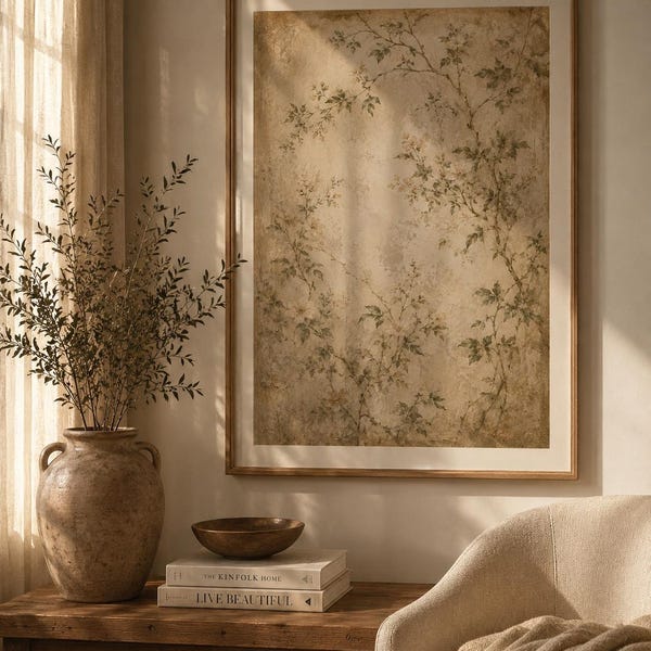 Vintage bloemen wandpaneel, neutraal Frans landelijk decor, oude botanische muurschildering, rustige luxe muurkunst