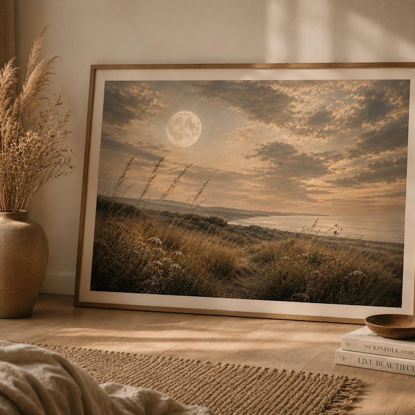 Sfeervolle maanlandschapsprint, neutrale kustduinposter, dromerig wild graskunstwerk, rustig luxe natuurdecor