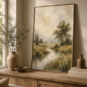 Dreamy Watercolor Meadow Print, Vintage Landscape Wall Art, Neutral Cottagecore Decor, Soft River Painting, Printable Nature Poster