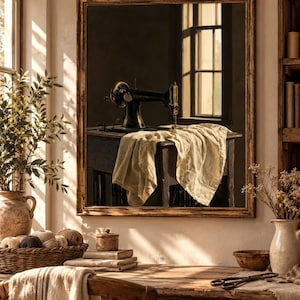 May include: A square wall mirror with a distressed wooden frame reflecting a vintage black sewing machine on a wooden table draped with a light-colored fabric. The mirror is mounted on a wall above a wooden desk with various craft supplies.