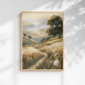 Mediterranean Coastal Landscape Printable Wall Art, Olive Tree Oil Painting Print, Neutral Vintage Countryside Decor, Sunlit Sea View, Insta