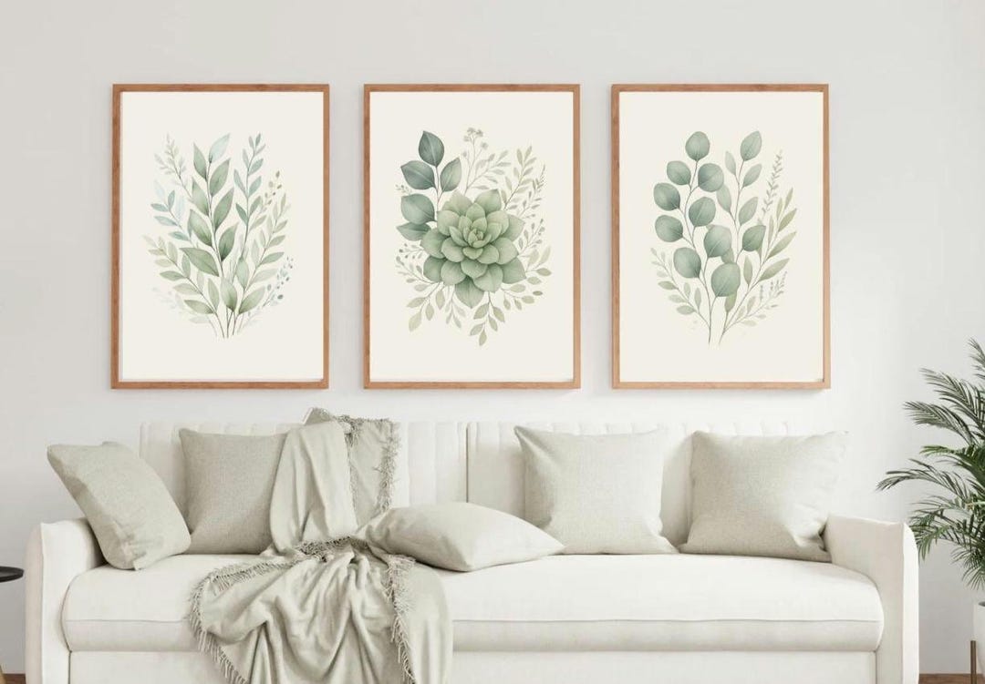 Botanical Wall Art Set of 3 – Green Watercolor Leaves & Succulent ...