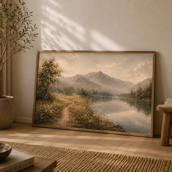 Neutrale landschapsmuurkunst horizontaal afdrukbaar, vintage print weide en meer, grote rustige natuur muur decor, beige bergkunst, digitaal doek