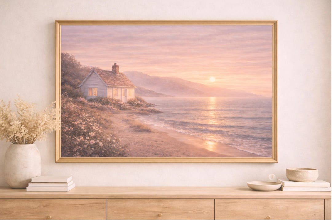 Coastal Cottage Wall Art Printable Horizontal, Beach House Sunset ...