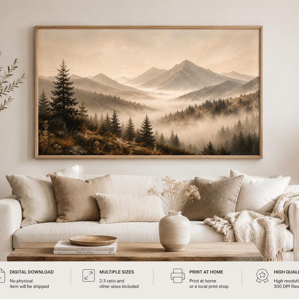 Muurkunst neutrale berg, print mistig berglandschap, poster beige bos, Scandinavisch natuurdecor, grote horizontale muurkunst