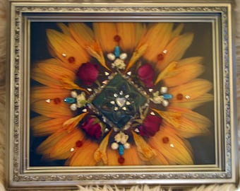 Sunflower- Heart Nature Mandala - Mixed Media Collage - OOAK framed original artowrk