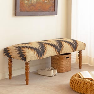 Wooden Folding Kilim Rug Bench | Boho Entryway Bench | Turkish Kilim Ottoman | Rustic Bohemian Furniture | Handmade Rug Bench