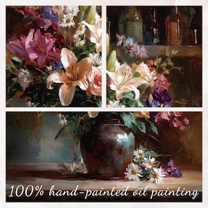 Op de afbeelding: Een olieverfschilderij in drie delen met een bloemstilleven. Het kunstwerk toont lelies, rozen en madeliefjes in roze, witte en paarse tinten. Het onderste paneel toont een donkerbruine vaas. De tekst "100% hand-painted oil painting" is zichtbaar.