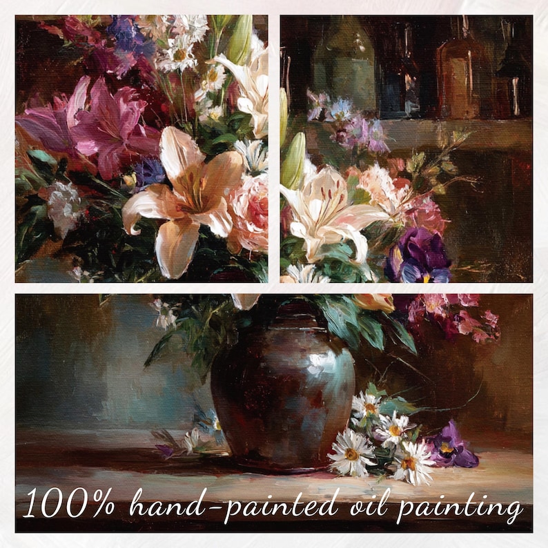 Op de afbeelding: Een olieverfschilderij in drie delen met een bloemstilleven. Het kunstwerk toont lelies, rozen en madeliefjes in roze, witte en paarse tinten. Het onderste paneel toont een donkerbruine vaas. De tekst "100% hand-painted oil painting" is zichtbaar.