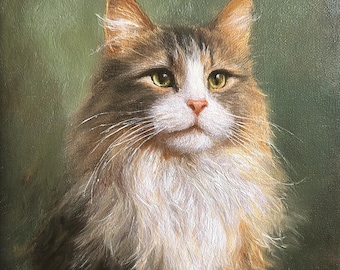 May include: Oil painting of a long-haired cat with brown, white, and orange fur. The cat has green eyes and a pink nose. The background is a solid, muted green color. The cat is looking directly at the viewer.