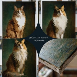 Pu&ograve; includere: Dipinti ad olio di gatti con pelo marrone, bianco e arancione, su sfondo verde scuro. I dipinti sono dipinti a mano e presentano dettagliate raffigurazioni dei gatti. Il testo "100% hand-painted oil painting" &egrave; visibile.