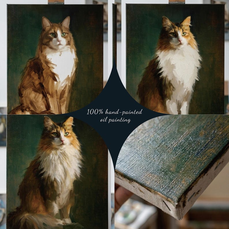 Pu&ograve; includere: Dipinti ad olio di gatti con pelo marrone, bianco e arancione, su sfondo verde scuro. I dipinti sono dipinti a mano e presentano dettagliate raffigurazioni dei gatti. Il testo "100% hand-painted oil painting" &egrave; visibile.