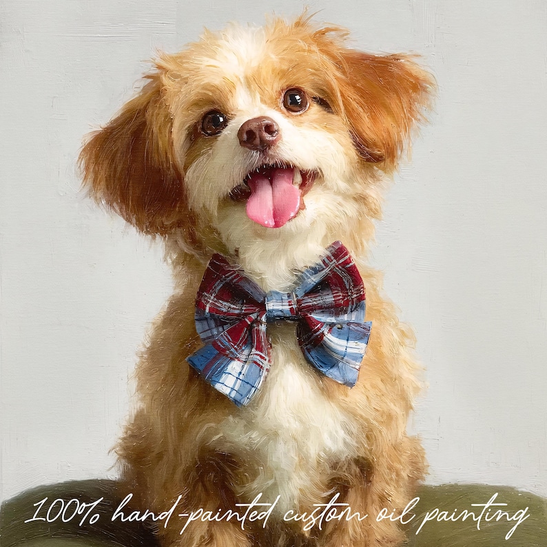May include: Oil painting of a smiling dog with brown and white fur, wearing a plaid bow tie with red and blue accents. The dog's pink tongue is visible. The text "100% hand-painted custom oil painting" is at the bottom.