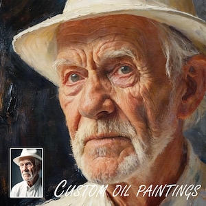 May include: An oil painting portrait of an elderly person wearing a white hat. The image is a close-up of the person's face, showing wrinkles and a white beard and moustache. The text "CUSTOM OIL PAINTINGS" is displayed at the bottom.