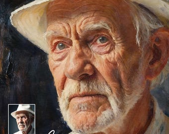 Può includere: Dipinto a olio dettagliato di una persona anziana con un cappello bianco. Il ritratto presenta un primo piano del volto della persona, con rughe visibili e barba e baffi bianchi. Il testo "CUSTOM OIL PAINTINGS" è visualizzato in basso.