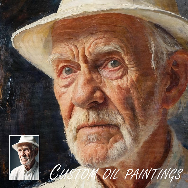 May include: An oil painting portrait of an elderly person wearing a white hat. The image is a close-up of the person's face, showing wrinkles and a white beard and moustache. The text "CUSTOM OIL PAINTINGS" is displayed at the bottom.