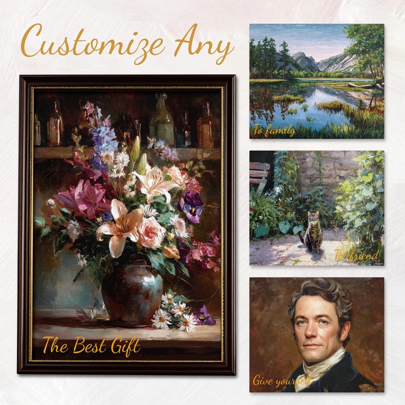 Op de afbeelding: Een ingelijst bloemstilleven schilderij met een donkerbruine lijst. Het schilderij toont een vaas vol roze, paarse en witte bloemen. De tekst "Customize Any" en "The Best Gift" staat in de afbeelding. Extra schilderijen zijn inbegrepen.