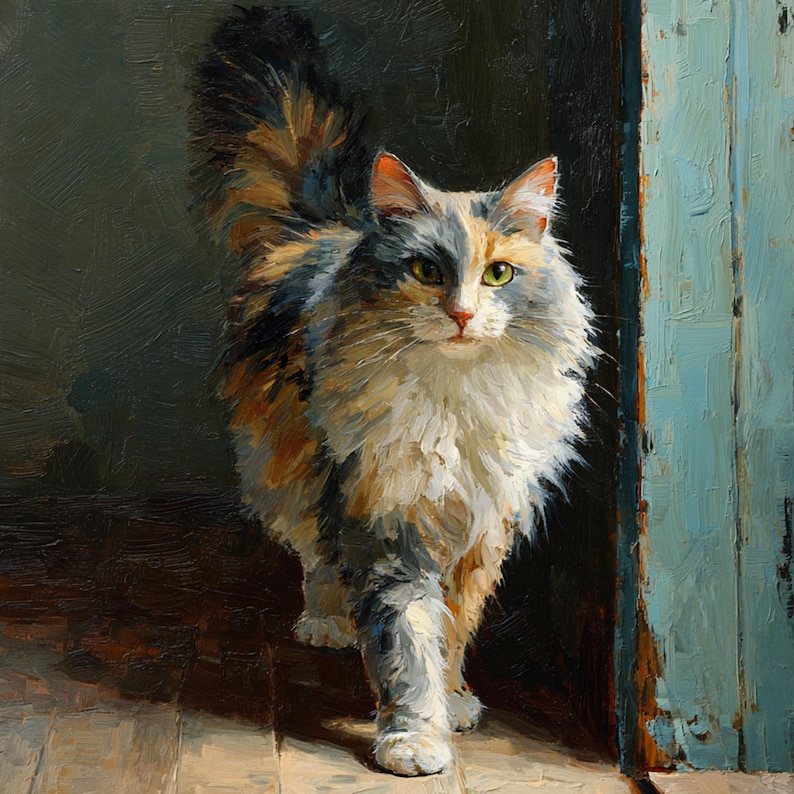 Pu&ograve; includere: Dipinto a olio di una gatta calico con pelo lungo, che cammina verso lo spettatore. Il gatto ha un petto bianco soffice, segni arancioni, grigi e neri e occhi verdi. Lo sfondo include una porta blu e un pavimento in legno.
