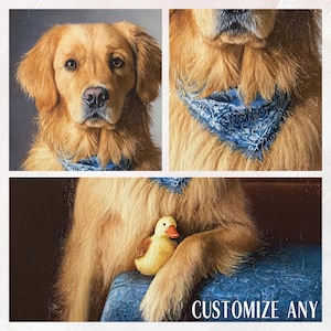 May include: A portrait of a Golden Retriever dog wearing a blue bandana. The dog is holding a yellow duck toy. The image has the text "CUSTOMIZE ANY" at the bottom. The dog has a regal appearance.