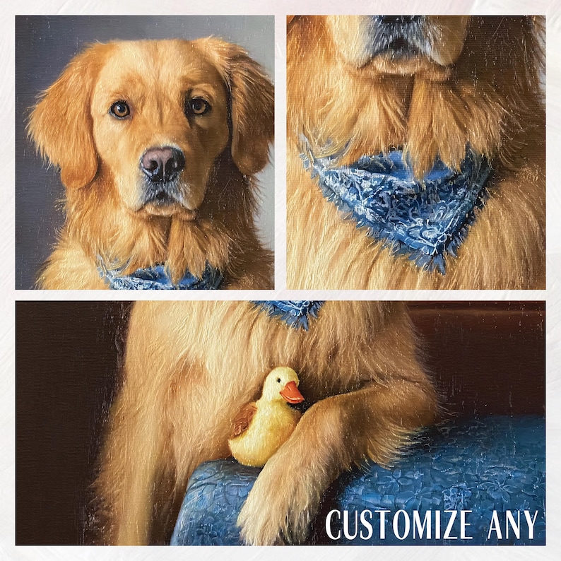 May include: A portrait of a Golden Retriever dog wearing a blue bandana. The dog is holding a yellow duck toy. The image has the text "CUSTOMIZE ANY" at the bottom. The dog has a regal appearance.