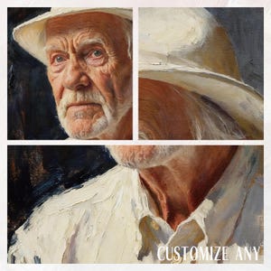 May include: Oil painting portrait of an elderly man wearing a white hat and shirt. The man has a white beard and moustache. The painting has a textured, impressionistic style. The text "CUSTOMIZE ANY" is visible in the lower right corner.