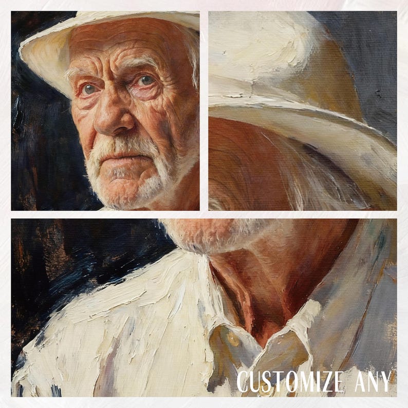 May include: Oil painting portrait of an elderly man wearing a white hat and shirt. The man has a white beard and moustache. The painting has a textured, impressionistic style. The text "CUSTOMIZE ANY" is visible in the lower right corner.