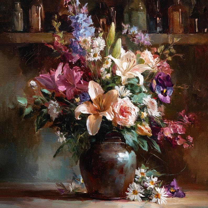 Op de afbeelding: Een stilleven schilderij van een bloemstuk in een donkerbruine vaas. Het boeket bevat lelies, rozen en andere bloemen in tinten roze, paars, wit en oranje. De achtergrond toont een plank met flessen.