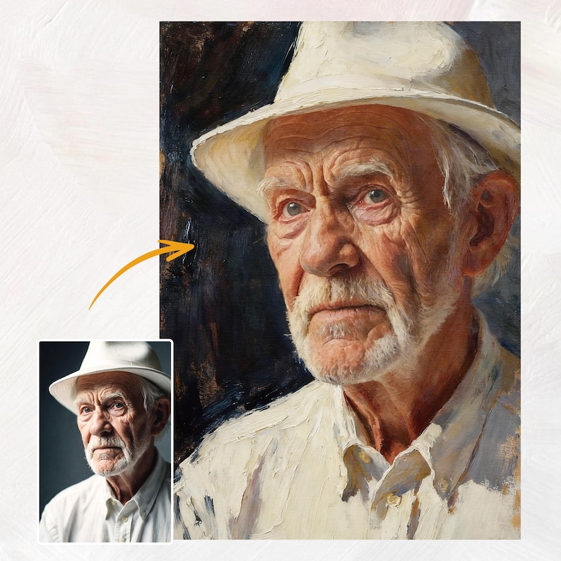 May include: Oil painting portrait of an elderly person in a white hat and shirt. The artwork is a close-up of the person's face, showing wrinkles and a white beard. The dark background highlights the subject.