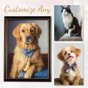 May include: Customizable pet portraits. A framed painting of a golden retriever wearing a blue bandana and holding a rubber duck. Additional paintings of a cat and a small dog with a bow tie are also shown.
