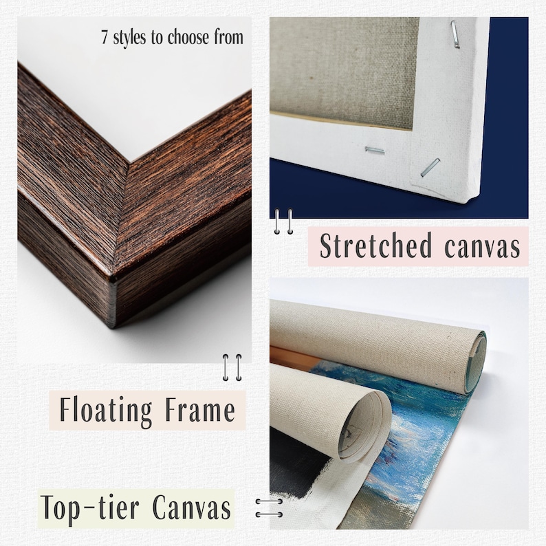 May include: A selection of art canvas options. The image shows a dark brown wooden floating frame, a stretched canvas, and rolled canvas. Text includes "7 styles to choose from", "Floating Frame", "Top-tier Canvas", and "Stretched canvas".