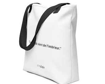 Grand sac fourre-tout blanc avec citation en français et logo Sinclair – 15 x 15 po.
