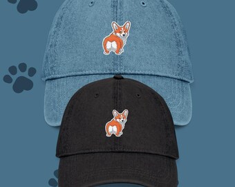 Chapéu Corgi Denim - Eu Amo Bumbuns Fofos - Bordado - Opções Preto e Azul