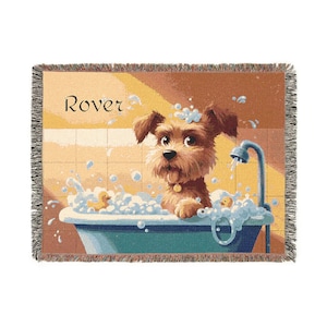 Adorable Cozy Personalized Throw Blanket for Dog Lovers,  Cute Bath Time Design Woven Blanket Pet Themed Home Decor, Gift for Pet Owners